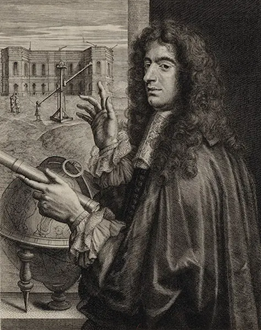 Engraved copy of an oil painting of Cassini. The newly built Paris Observatory is depicted in the background.